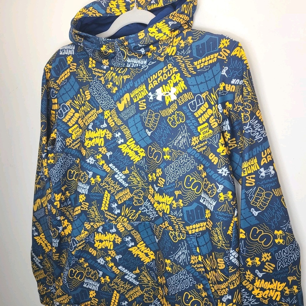 Under Armour Hoodie Youth XL Loose Blue Yellow Graphic Pullover EUC - Picture 2 of 5